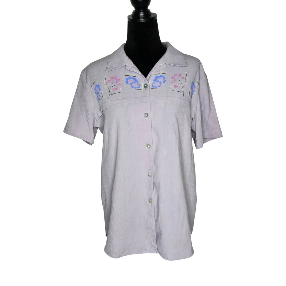 Vintage Dana Lauren Lavender Floral Button Front Blouse Large 100% Rayon
